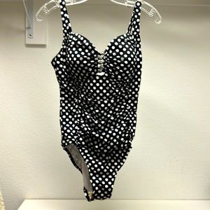 Black and white polkadot one piece bathing suit. Size 12
